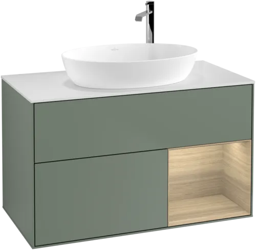 Obrázek VILLEROY BOCH Toaletní skříňka Finion, s osvětlením, 2 výsuvy, 1000 x 603 x 501 mm, olivový matný lak / dubová dýha / sklo bílé matné #F901PCGM