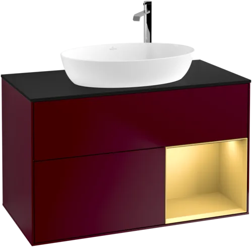 Obrázek VILLEROY BOCH Toaletní skříňka Finion, s osvětlením, 2 výsuvy, 1000 x 603 x 501 mm, Peony Matt Lacquer / Gold Matt Lacquer / Glass Black Matt #F902HFHB