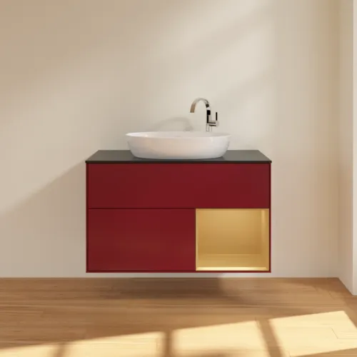Obrázek VILLEROY BOCH Toaletní skříňka Finion, s osvětlením, 2 výsuvy, 1000 x 603 x 501 mm, Peony Matt Lacquer / Gold Matt Lacquer / Glass Black Matt #F902HFHB