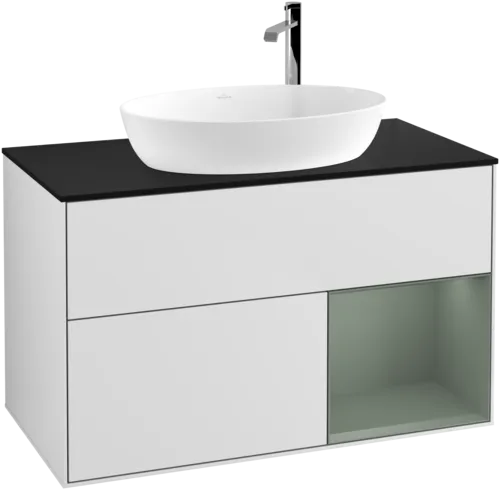 VILLEROY BOCH Toaletní skříňka Finion, s osvětlením, 2 výsuvy, 1000 x 603 x 501 mm, bílý matný lak / olivový matný lak / černé matné sklo #F902GMMT