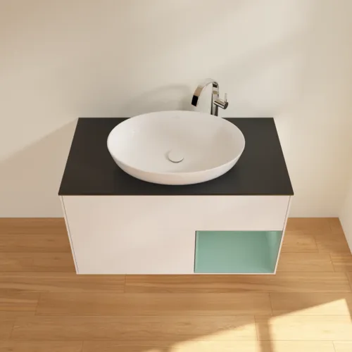 VILLEROY BOCH Toaletní skříňka Finion, s osvětlením, 2 výsuvy, 1000 x 603 x 501 mm, bílý matný lak / olivový matný lak / černé matné sklo #F902GMMT, obrázek 4