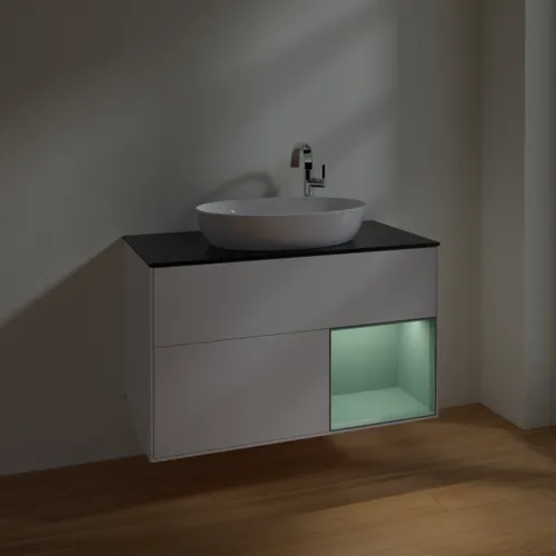 VILLEROY BOCH Toaletní skříňka Finion, s osvětlením, 2 výsuvy, 1000 x 603 x 501 mm, bílý matný lak / olivový matný lak / černé matné sklo #F902GMMT, obrázek 5