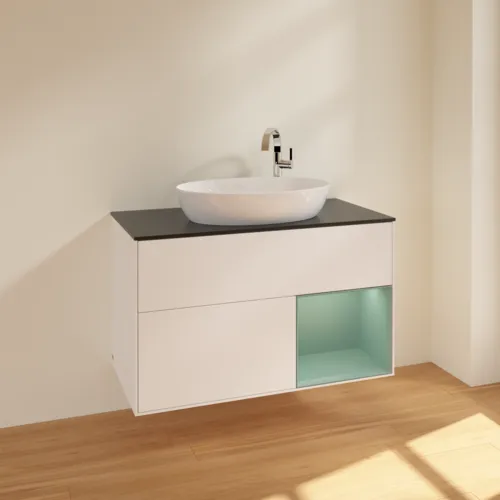 VILLEROY BOCH Toaletní skříňka Finion, s osvětlením, 2 výsuvy, 1000 x 603 x 501 mm, bílý matný lak / olivový matný lak / černé matné sklo #F902GMMT, obrázek 2