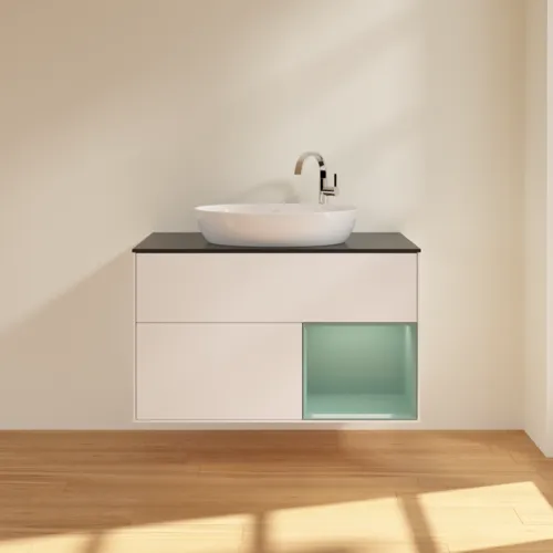 VILLEROY BOCH Toaletní skříňka Finion, s osvětlením, 2 výsuvy, 1000 x 603 x 501 mm, bílý matný lak / olivový matný lak / černé matné sklo #F902GMMT, obrázek 3