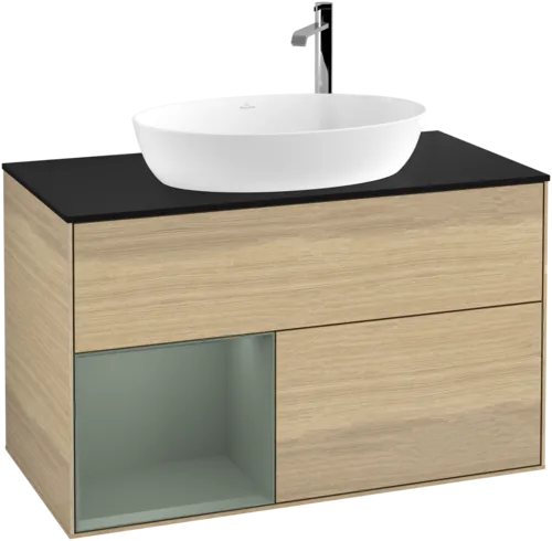 VILLEROY BOCH Toaletní skříňka Finion, s osvětlením, 2 výsuvy, 1000 x 603 x 501 mm, dubová dýha / olivově matný lak / sklo černé matné #F892GMPC