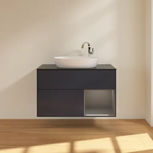 Obrázek VILLEROY BOCH Toaletní skříňka Finion, s osvětlením, 2 výsuvy, 1000 x 603 x 501 mm, Midnight Blue Matt Lacquer / Anthracite Matt Lacquer / Glass Black Matt #F902GKHG