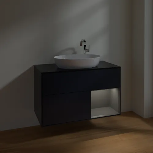 Obrázek VILLEROY BOCH Toaletní skříňka Finion, s osvětlením, 2 výsuvy, 1000 x 603 x 501 mm, Midnight Blue Matt Lacquer / Anthracite Matt Lacquer / Glass Black Matt #F902GKHG