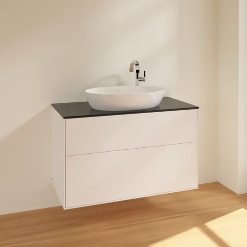 Obrázek VILLEROY BOCH Toaletní skříňka Finion, 2 výsuvy, 1000 x 603 x 501 mm, bílý matný lak / černé matné sklo #F88200MT