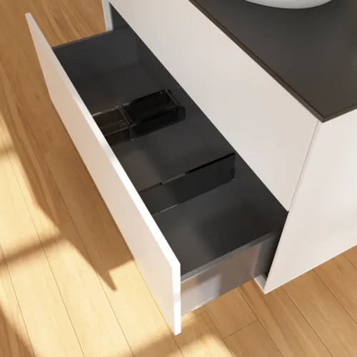 Obrázek VILLEROY BOCH Toaletní skříňka Finion, 2 výsuvy, 1000 x 603 x 501 mm, bílý matný lak / černé matné sklo #F88200MT