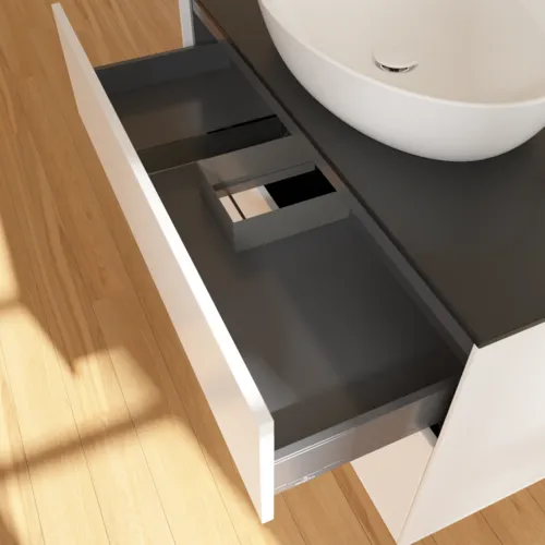 Obrázek VILLEROY BOCH Toaletní skříňka Finion, 2 výsuvy, 1000 x 603 x 501 mm, bílý matný lak / černé matné sklo #F88200MT
