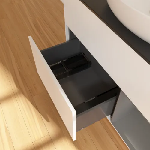 Obrázek VILLEROY BOCH Toaletní skříňka Finion, s osvětlením, 2 výsuvy, 1000 x 603 x 501 mm, bílý matný lak / antracitový matný lak / černé matné sklo #F902GKMT