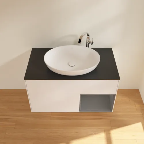 Obrázek VILLEROY BOCH Toaletní skříňka Finion, s osvětlením, 2 výsuvy, 1000 x 603 x 501 mm, bílý matný lak / antracitový matný lak / černé matné sklo #F902GKMT