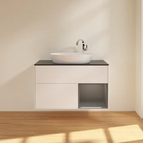 Obrázek VILLEROY BOCH Toaletní skříňka Finion, s osvětlením, 2 výsuvy, 1000 x 603 x 501 mm, bílý matný lak / antracitový matný lak / černé matné sklo #F902GKMT