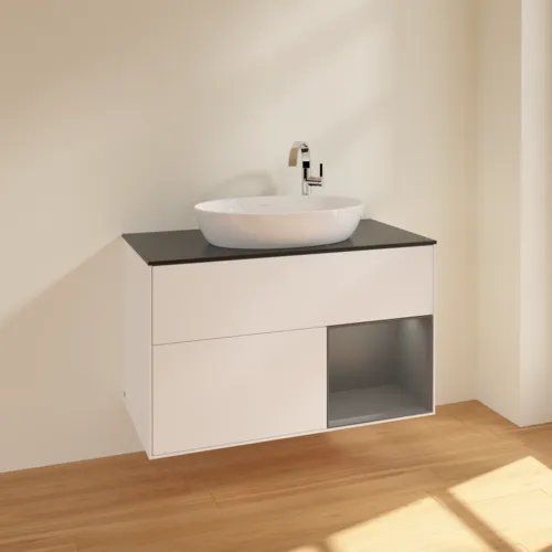 Obrázek VILLEROY BOCH Toaletní skříňka Finion, s osvětlením, 2 výsuvy, 1000 x 603 x 501 mm, bílý matný lak / antracitový matný lak / černé matné sklo #F902GKMT