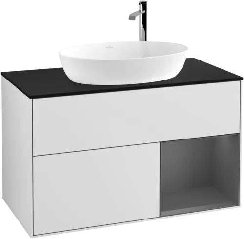 Obrázek VILLEROY BOCH Toaletní skříňka Finion, s osvětlením, 2 výsuvy, 1000 x 603 x 501 mm, bílý matný lak / antracitový matný lak / černé matné sklo #F902GKMT