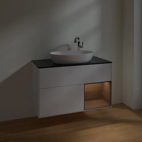 VILLEROY BOCH Toaletní skříňka Finion, s osvětlením, 2 výsuvy, 1000 x 603 x 501 mm, lesklý bílý lak / ořechová dýha / černé matné sklo #F902GNGF, obrázek 4