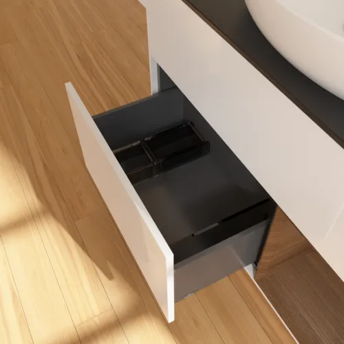 VILLEROY BOCH Toaletní skříňka Finion, s osvětlením, 2 výsuvy, 1000 x 603 x 501 mm, lesklý bílý lak / ořechová dýha / černé matné sklo #F902GNGF, obrázek 6