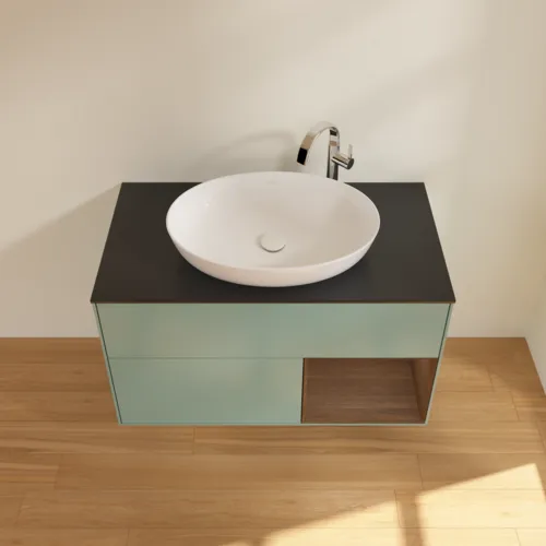 VILLEROY BOCH Toaletní skříňka Finion, s osvětlením, 2 výsuvy, 1000 x 603 x 501 mm, olivový matný lak / ořechová dýha / černé matné sklo #F902GNGM, obrázek 2
