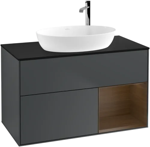 VILLEROY BOCH Toaletní skříňka Finion, s osvětlením, 2 výsuvy, 1000 x 603 x 501 mm, půlnočně modrý matný lak / ořechová dýha / černé matné sklo #F902GNHG