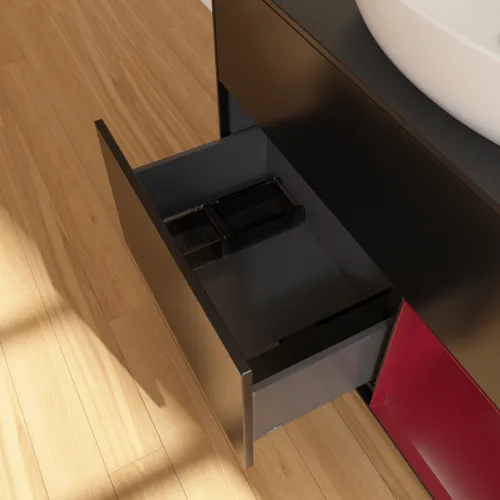 Obrázek VILLEROY BOCH Toaletní skříňka Finion, s osvětlením, 2 výsuvy, 1000 x 603 x 501 mm, černý matný lak / pivoňkový matný lak / černé matné sklo #F902HBPD