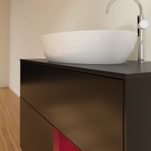 Obrázek VILLEROY BOCH Toaletní skříňka Finion, s osvětlením, 2 výsuvy, 1000 x 603 x 501 mm, černý matný lak / pivoňkový matný lak / černé matné sklo #F902HBPD