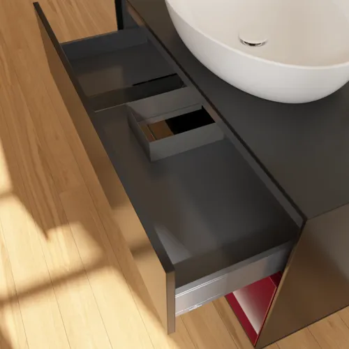 Obrázek VILLEROY BOCH Toaletní skříňka Finion, s osvětlením, 2 výsuvy, 1000 x 603 x 501 mm, černý matný lak / pivoňkový matný lak / černé matné sklo #F902HBPD