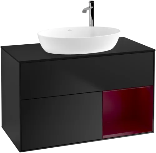 Obrázek VILLEROY BOCH Toaletní skříňka Finion, s osvětlením, 2 výsuvy, 1000 x 603 x 501 mm, černý matný lak / pivoňkový matný lak / černé matné sklo #F902HBPD