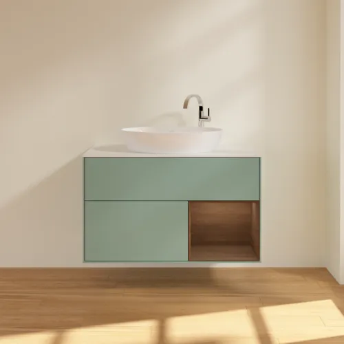 VILLEROY BOCH Toaletní skříňka Finion, s osvětlením, 2 výsuvy, 1000 x 603 x 501 mm, olivový matný lak / ořechová dýha / sklo bílé matné #F901GNGM, obrázek 3