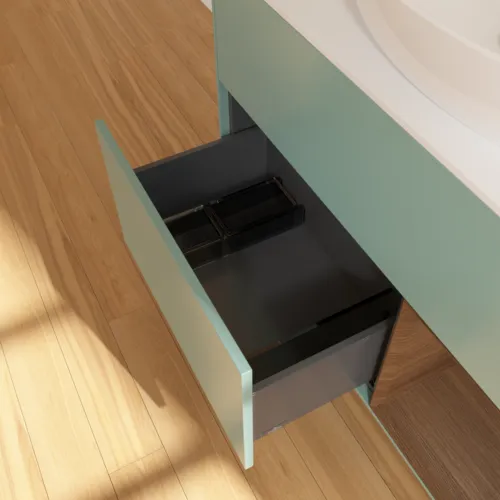VILLEROY BOCH Toaletní skříňka Finion, s osvětlením, 2 výsuvy, 1000 x 603 x 501 mm, olivový matný lak / ořechová dýha / sklo bílé matné #F901GNGM, obrázek 5