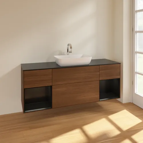 Obrázek VILLEROY BOCH Toaletní skříňka Finion, s osvětlením, 4 výsuvy, 1600 x 603 x 501 mm, ořechová dýha / černý matný lak / černé matné sklo #F862PDGN