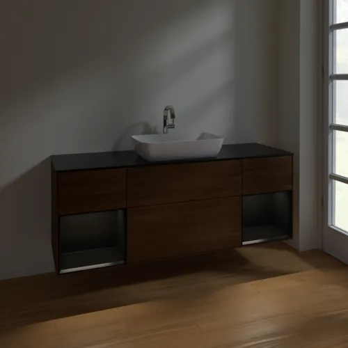 Obrázek VILLEROY BOCH Toaletní skříňka Finion, s osvětlením, 4 výsuvy, 1600 x 603 x 501 mm, ořechová dýha / černý matný lak / černé matné sklo #F862PDGN