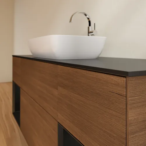 Obrázek VILLEROY BOCH Toaletní skříňka Finion, s osvětlením, 4 výsuvy, 1600 x 603 x 501 mm, ořechová dýha / černý matný lak / černé matné sklo #F862PDGN