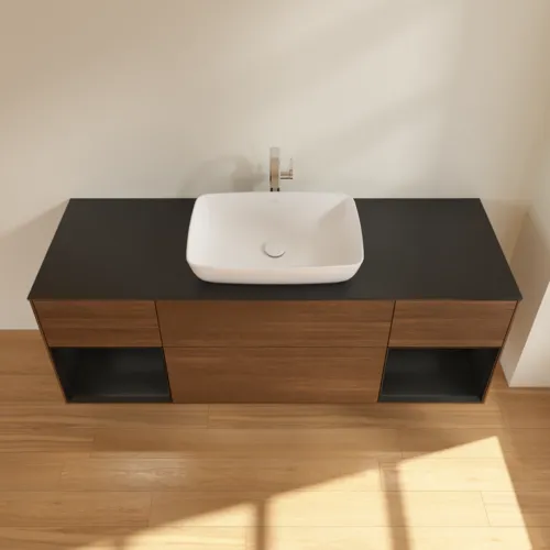 Obrázek VILLEROY BOCH Toaletní skříňka Finion, s osvětlením, 4 výsuvy, 1600 x 603 x 501 mm, ořechová dýha / černý matný lak / černé matné sklo #F862PDGN