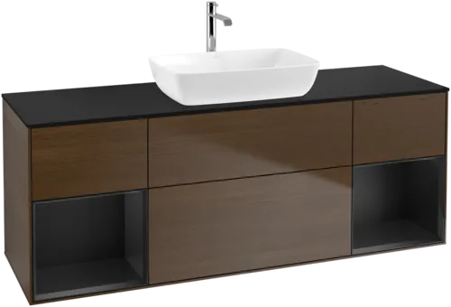 Obrázek VILLEROY BOCH Toaletní skříňka Finion, s osvětlením, 4 výsuvy, 1600 x 603 x 501 mm, ořechová dýha / černý matný lak / černé matné sklo #F862PDGN