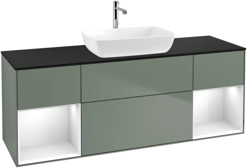 VILLEROY BOCH Toaletní skříňka Finion, s osvětlením, 4 výsuvy, 1600 x 603 x 501 mm, olivový matný lak / lesklý bílý lak / sklo černé matné #F862GFGM