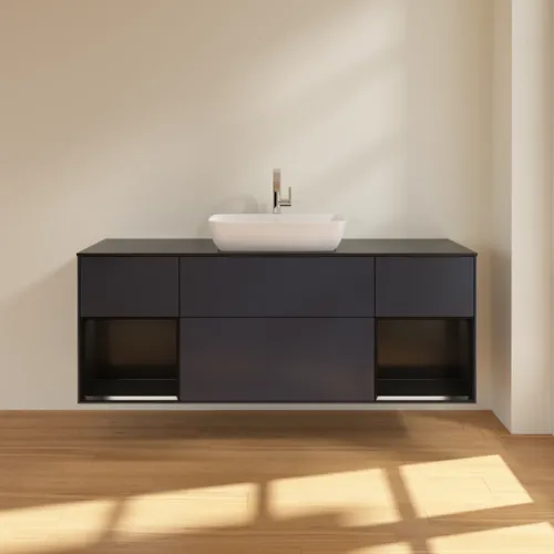 VILLEROY BOCH Toaletní skříňka Finion, s osvětlením, 4 výsuvy, 1600 x 603 x 501 mm, Midnight Blue Matt Lacquer / Black Matt Lacquer / Glass Black Matt #F862PDHG, obrázek 3
