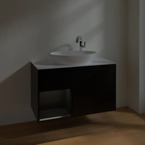 Obrázek VILLEROY BOCH Toaletní skříňka Finion, s osvětlením, 2 výsuvy, 1000 x 603 x 501 mm, černý matný lak / černý matný lak / sklo bílé matné #F891PDPD