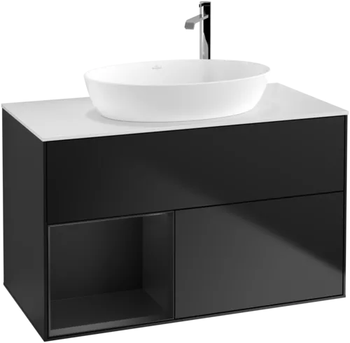 Obrázek VILLEROY BOCH Toaletní skříňka Finion, s osvětlením, 2 výsuvy, 1000 x 603 x 501 mm, černý matný lak / černý matný lak / sklo bílé matné #F891PDPD