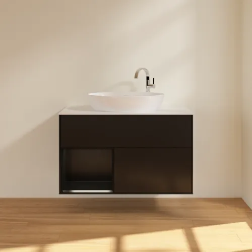Obrázek VILLEROY BOCH Toaletní skříňka Finion, s osvětlením, 2 výsuvy, 1000 x 603 x 501 mm, černý matný lak / černý matný lak / sklo bílé matné #F891PDPD