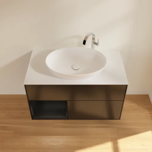 Obrázek VILLEROY BOCH Toaletní skříňka Finion, s osvětlením, 2 výsuvy, 1000 x 603 x 501 mm, černý matný lak / černý matný lak / sklo bílé matné #F891PDPD