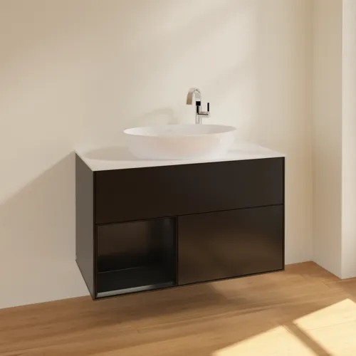 Obrázek VILLEROY BOCH Toaletní skříňka Finion, s osvětlením, 2 výsuvy, 1000 x 603 x 501 mm, černý matný lak / černý matný lak / sklo bílé matné #F891PDPD