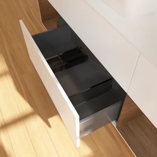 VILLEROY BOCH Toaletní skříňka Finion, s osvětlením, 4 výsuvy, 1600 x 603 x 501 mm, bílý matný lak / ořechová dýha / sklo bílé matné #F861GNMT, obrázek 7