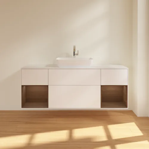 VILLEROY BOCH Toaletní skříňka Finion, s osvětlením, 4 výsuvy, 1600 x 603 x 501 mm, bílý matný lak / ořechová dýha / sklo bílé matné #F861GNMT, obrázek 3