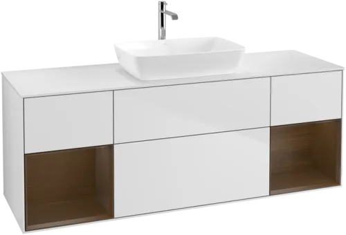VILLEROY BOCH Toaletní skříňka Finion, s osvětlením, 4 výsuvy, 1600 x 603 x 501 mm, bílý matný lak / ořechová dýha / sklo bílé matné #F861GNMT