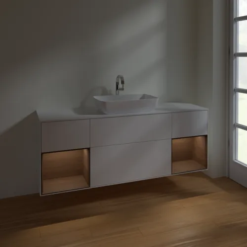 VILLEROY BOCH Toaletní skříňka Finion, s osvětlením, 4 výsuvy, 1600 x 603 x 501 mm, bílý matný lak / ořechová dýha / sklo bílé matné #F861GNMT, obrázek 5