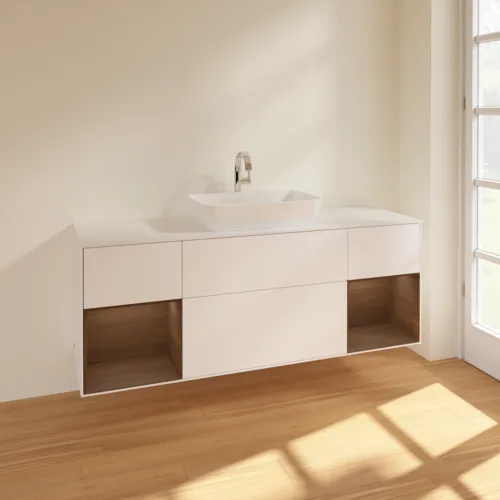 VILLEROY BOCH Toaletní skříňka Finion, s osvětlením, 4 výsuvy, 1600 x 603 x 501 mm, bílý matný lak / ořechová dýha / sklo bílé matné #F861GNMT, obrázek 2