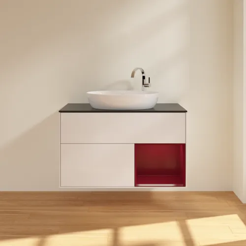 Obrázek VILLEROY BOCH Toaletní skříňka Finion, s osvětlením, 2 výsuvy, 1000 x 603 x 501 mm, lesklý bílý lak / matný lak Pivoňka / matné černé sklo #F902HBGF