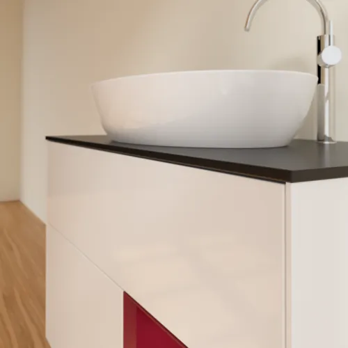 Obrázek VILLEROY BOCH Toaletní skříňka Finion, s osvětlením, 2 výsuvy, 1000 x 603 x 501 mm, lesklý bílý lak / matný lak Pivoňka / matné černé sklo #F902HBGF