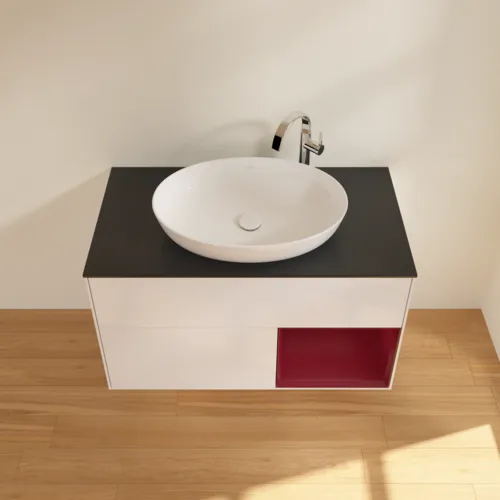 Obrázek VILLEROY BOCH Toaletní skříňka Finion, s osvětlením, 2 výsuvy, 1000 x 603 x 501 mm, lesklý bílý lak / matný lak Pivoňka / matné černé sklo #F902HBGF
