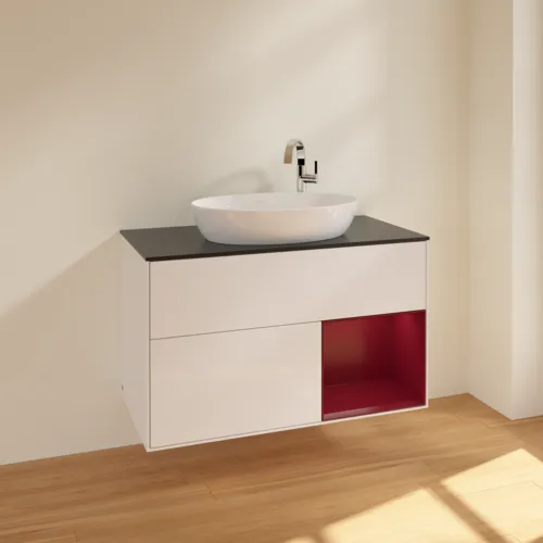 Obrázek VILLEROY BOCH Toaletní skříňka Finion, s osvětlením, 2 výsuvy, 1000 x 603 x 501 mm, lesklý bílý lak / matný lak Pivoňka / matné černé sklo #F902HBGF
